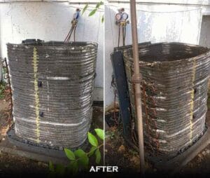 Outdoor HVAC condenser unit after cleaning and repair, showing restored coils, sealed sections, and improved condition.