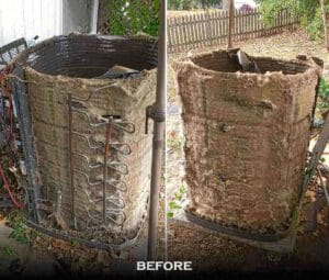 Severely dirty and deteriorated outdoor HVAC condenser unit before cleaning or replacement, showing buildup and coil damage.