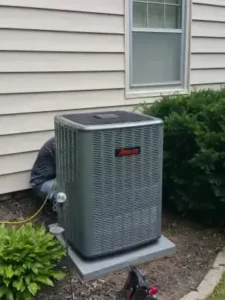 New Amana air conditioning unit installed outside a home, with a technician working behind it near a garden bed and bushes.