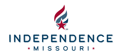 Logo of Independence, Missouri featuring a red, white, and blue flame with a star and the text 'Independence Missouri'.